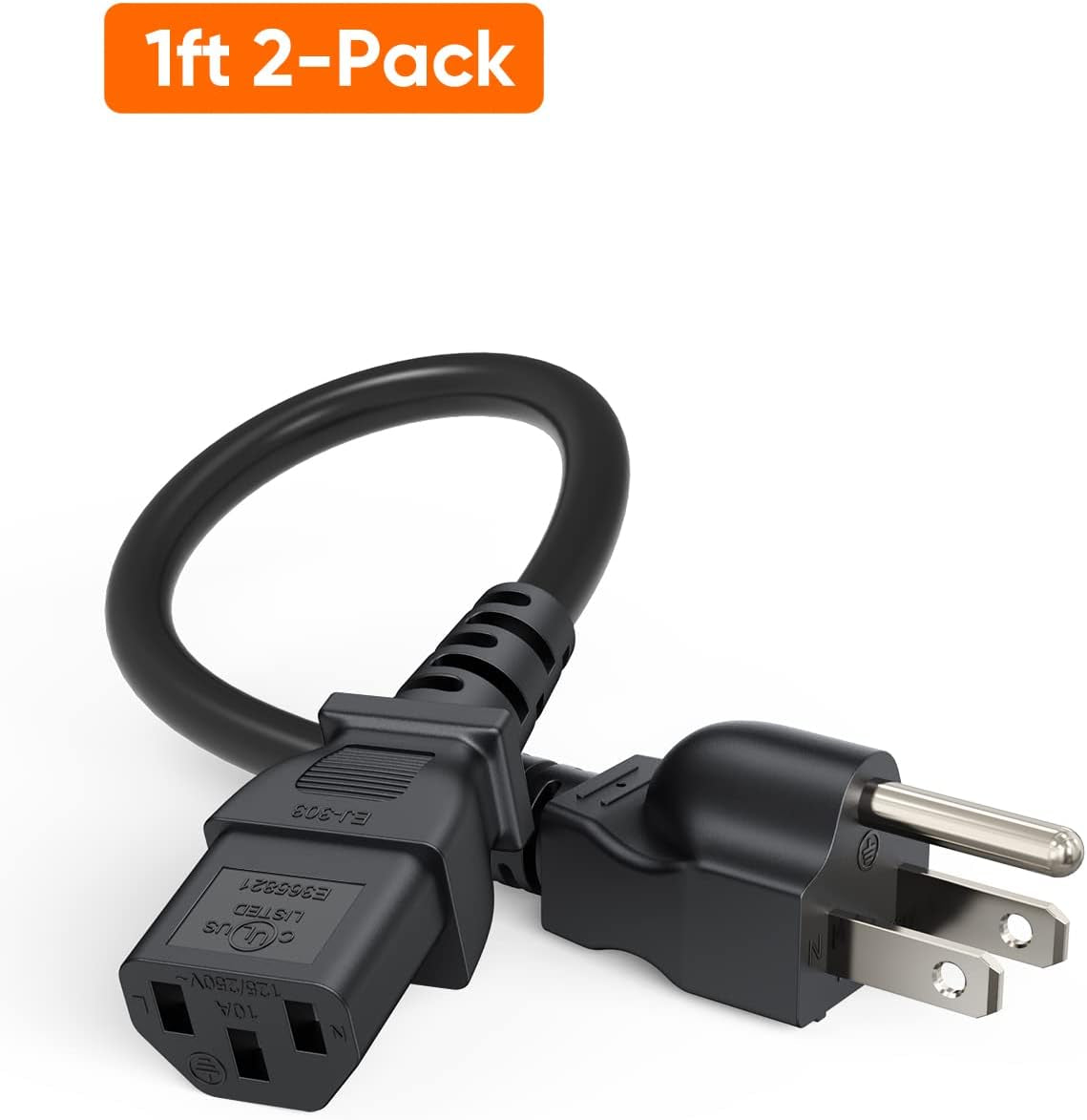 [2-Pack] 1 Feet 18 AWG Universal Power Cord for NEMA 5-15P to IEC320C13 Cable, 0.3M / Black
